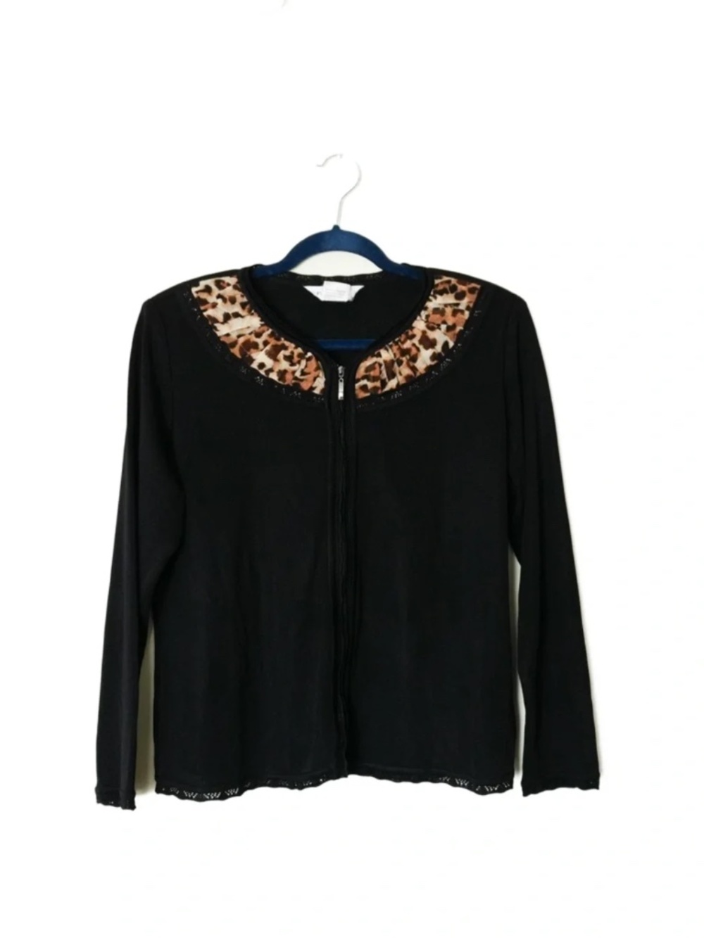 Exclusively Misook Petite Animal Trim Leopard Cheetah Zip Jacket